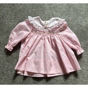 Vintage Polly Flinders Smocked Dress Pink Floral Lace Size 18 Months